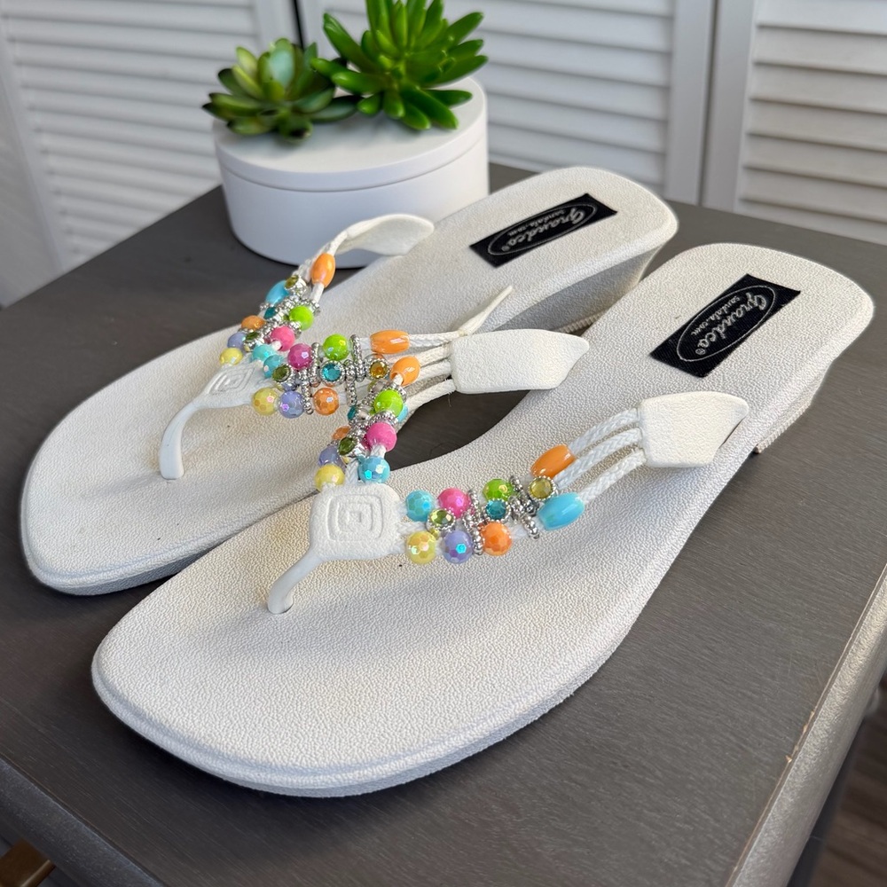 Y2K Colorful Beaded White Plastic Platform Heel Flip Flop sandals